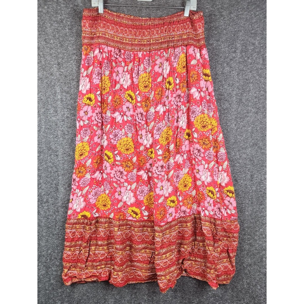 Cloth & Portrait Maxi Skirt Womens XXL Red Floral Smocked Waist Boho Festival